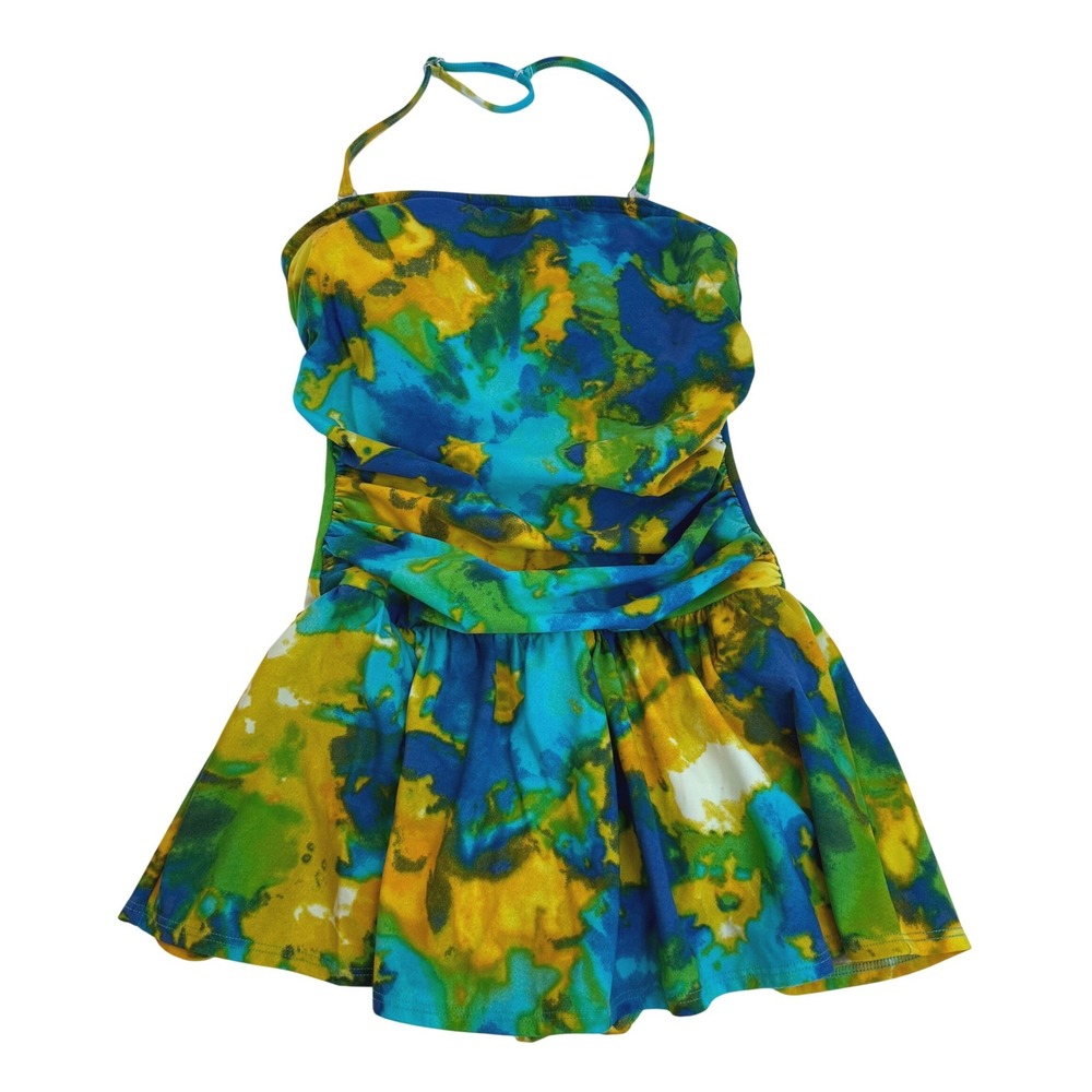 Vintage Spiegel Y2K Abstract One Piece Swim Dress Ruched Halter Tropical Blue 8